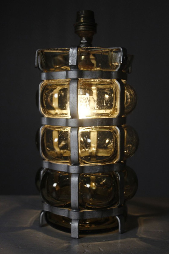 Vintage Brutalist Lamp Double Lighting Blown Glass in Cage 20th Century Design – Table lamps (photo 2 of 11)