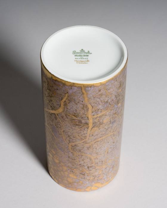 Image 1 of Exquisite Hand-Painted Helmut Drexler Porcelain Set of Five Vessels – Gold & Violet-Grey ‘Goldfeuer’ Series