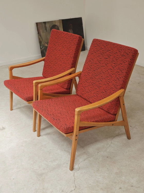 Pair of Jiri Jiroutek red armchairs by Intérier Praha – Wood, Mid Century Modern (photo 10 of 13)