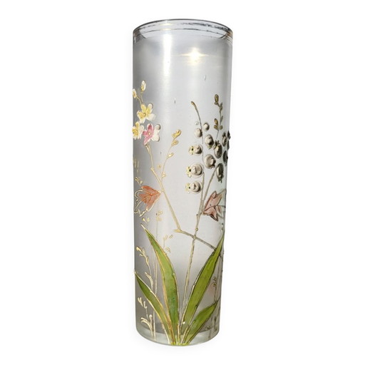Art Nouveau enamelled glass cylinder vase