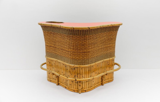 Image 1 of Bamboe bar met 5 bamboe barkrukken, jaren 1950, Italië