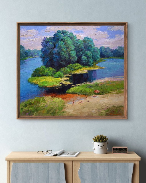 Origineel olieverfschilderij: Natuurlandschap, zomerse ontspanning aan het rivierstrand.