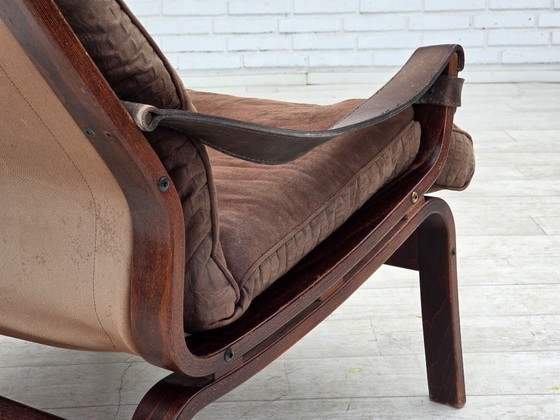 Image 1 of 1970s, Scandinavian lounge chair, nubuck leather, canvas, beech wood.