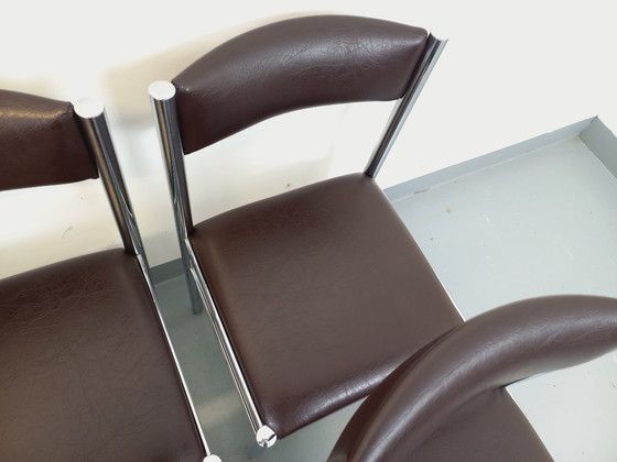 Image 1 of Set di 6 sedie vintage anni '70 in metallo cromato e similpelle marrone