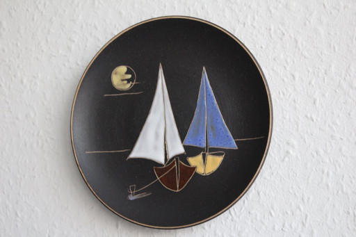 RUSCHA wall plate, sailboats, hand-painted ceramic, mid-century 1950s/60s