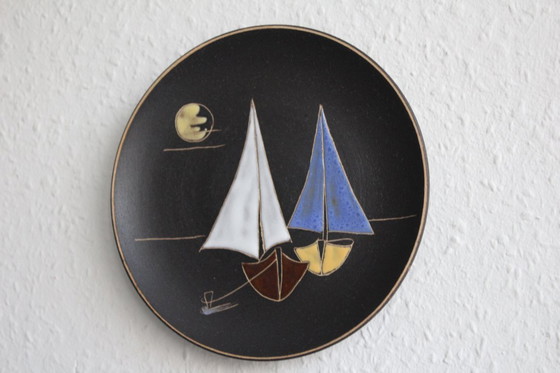 Image 1 of RUSCHA wall plate, sailboats, hand-painted ceramic, mid-century 1950s/60s