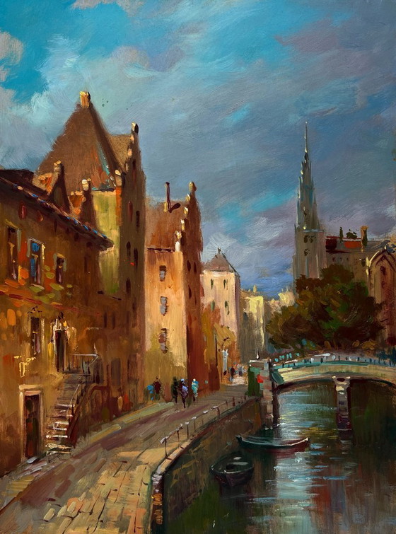 Image 1 of Original Oil Painting City River Landscape Old street of Venice