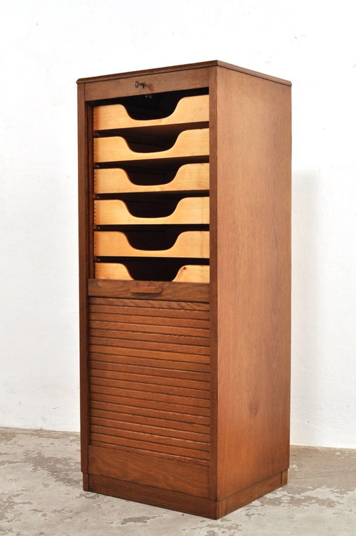 Vintage oak roller door cabinet 1950s