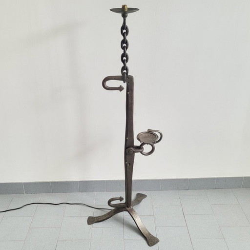 Vintage Brutalist 1970s Metal Chain & Arrows Floor Lamp, 70s Ashtray