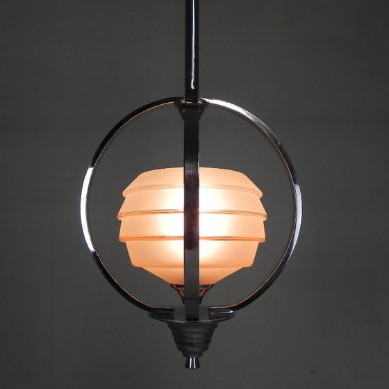 Image 1 of Art Deco pendant lamp with glass shade in a chrome frame, 1930s