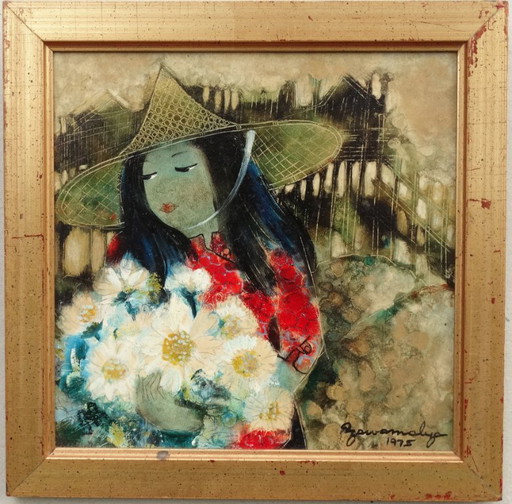 Junge Frau m. Blumen, Bangkok, Thailand 1975, young woman with a bouquet of flowers 