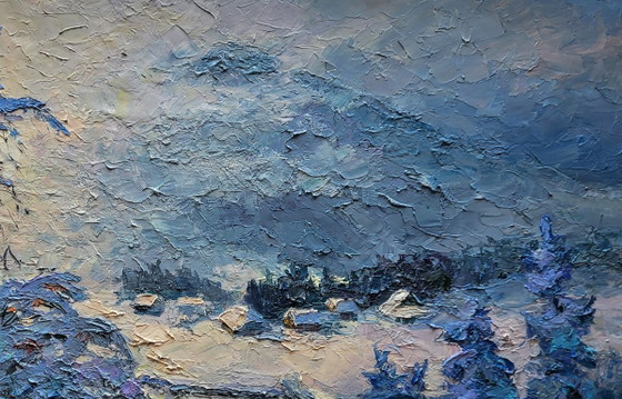 Original Oil Painting Evening Village Landscape In the Winter Mountains – Paintings & Drawings, Canvas (photo 5 of 7)