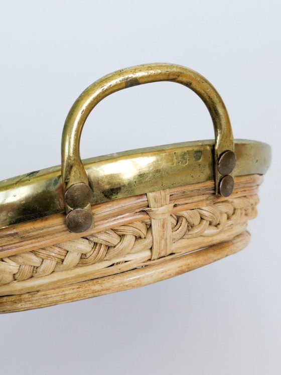 Handgemaakte vintage ovale dienblad van rotan en messing, in de stijl van Gabriella Crespi, Italië, jaren (photo 10 of 17)