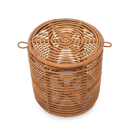Cylindrical rattan storage stool, 1960s