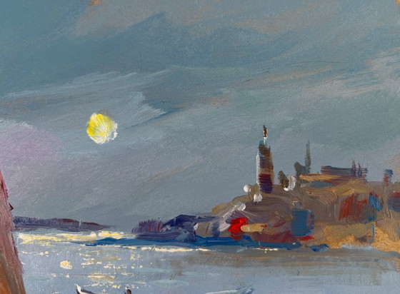 Image 1 of Peinture à l'huile originale représentant un paysage urbain fluvial avec des bateaux au clair de lune