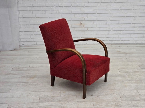 Image 1 of Sillón danés art déco de la década de 1950, tapizado en lana roja original y madera de haya.