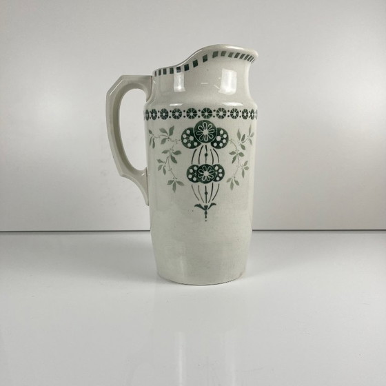 Image 1 of Antique earthenware pitcher, green floral decoration, ironstone, late 19th - early 20th century