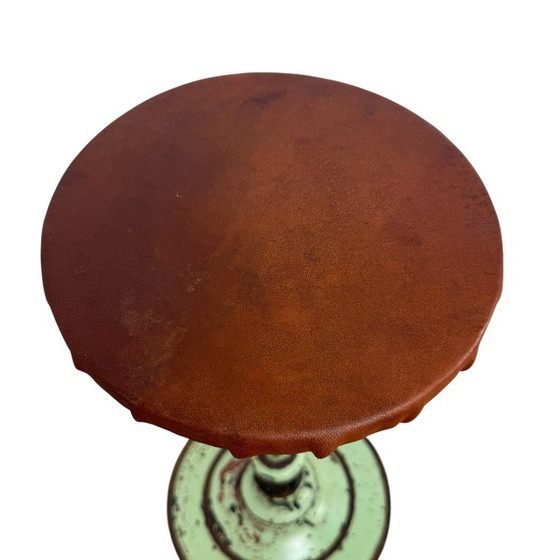 Adjustable stool, mint green metal and brown leather, Vintage (photo 7 of 13)