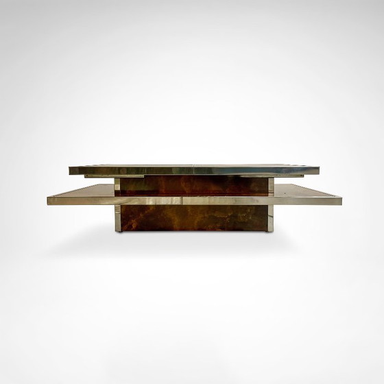 Image 1 of Schuifbare salontafel met twee niveaus van wortelhout en metaal, met geïntegreerde bar, Frankrijk, jaren 80.