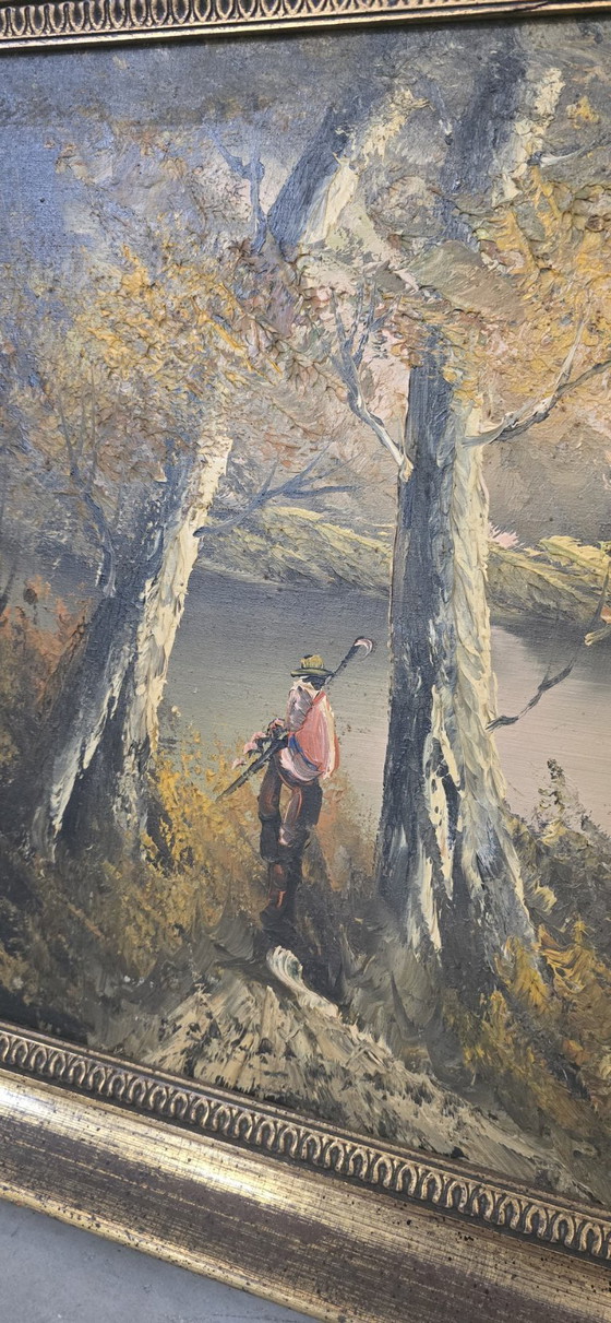 Image 1 of Atmospheric Painting "Autumn Landscape" – Vintage 1970s with Gold Frame