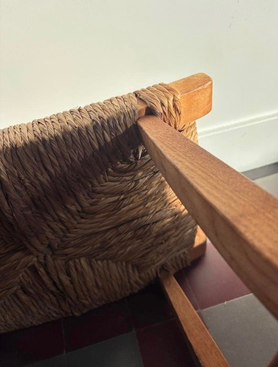 Image 1 of Vintage wooden stool with woven wicker seat - Brutalist/Mid-Century
