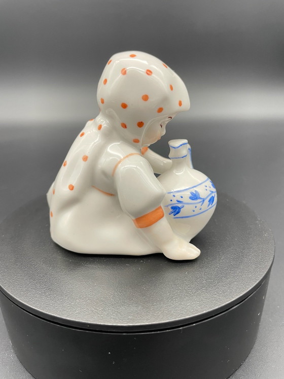 Zsolnay Pécs, Vintage Porcelain Figurine Girl with Jug, Hungary, Decorative Objects, Orange (photo 3 of 7)