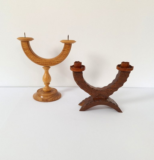Vintage set of 2 candlestick / wood candlestick / Wooden Candle Stick
