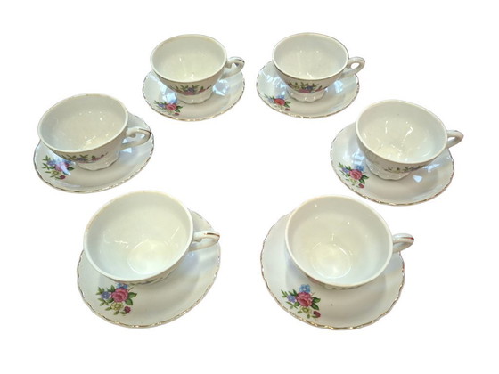 Image 1 of Set van 6 verzamelbare vintage Japanse porseleinen theekopjes – jaren 1950