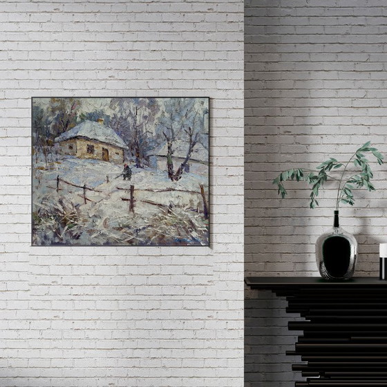 Peinture à l'huile originale Paysage rural Vie de village Il a neigé – Peintures et dessins, Canvas (photo 2 of 11)