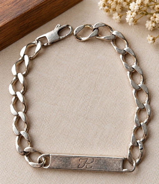 Gourmette ancienne en argent massif 925 — Plaque gravée « K » — 32g / 24cm