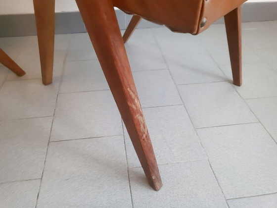 Image 1 of PAIRE DE FAUTEUILS BRIDGE VINTAGE 1950 PIEDS COMPAS CHENE & SIMILI-CUIR HAVANE