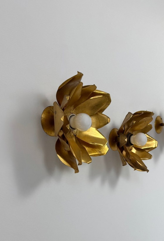Image 1 of Paire d’appliques vintage fleur, métal doré, France, 1970