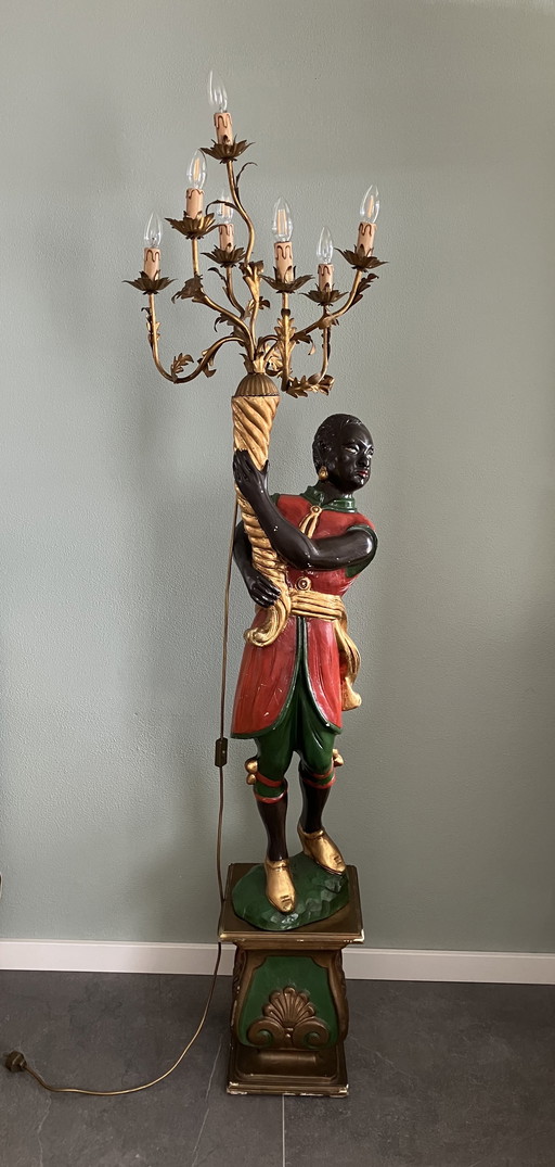 Blackamoor Vloerlamp, Antieke Houten Moor Lamp