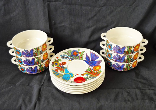 6 tazze da zuppa + piattini Acapulco Villeroy & Boch con logo V&B blu