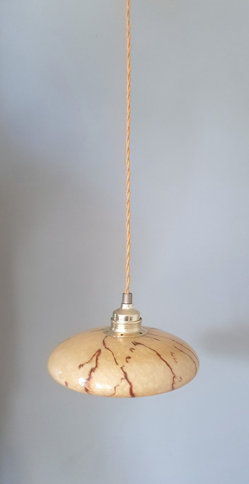 Suspension vintage - verre opalin - abat-jour marbré