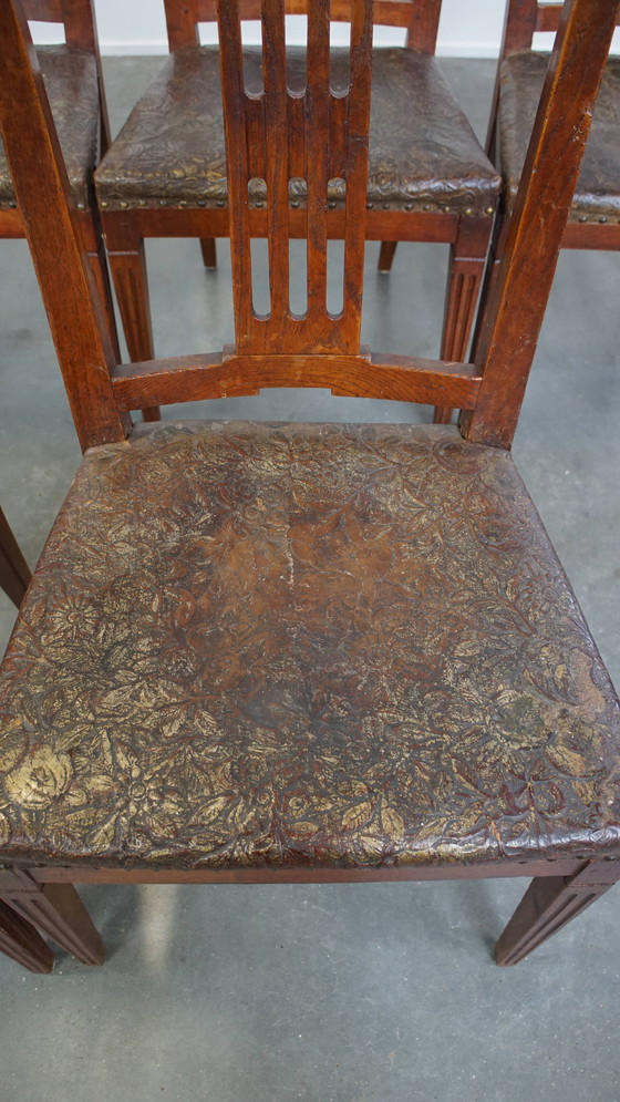 Image 1 of 6 x Leder-Esszimmerstuhl mit Holz