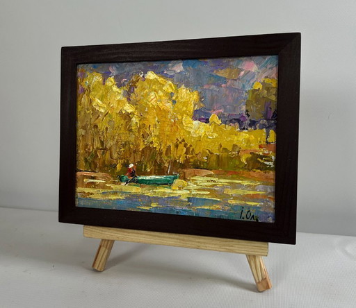 Original Oil Painting Autumn River Landscape On the autumn lake