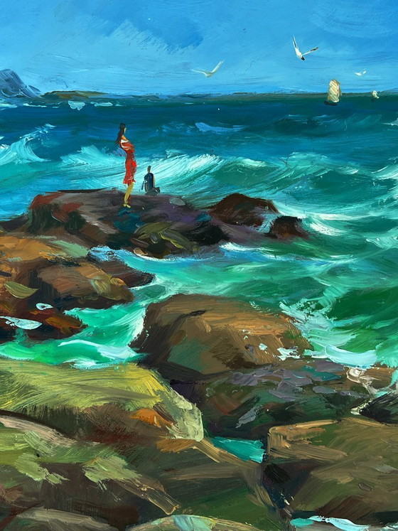 Image 1 of Dipinto ad olio originale: paesaggio marino con rocce, barca a vela, costa e onde del mare.