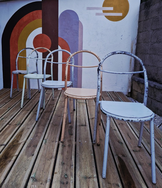Image 1 of Set di 5 sedie in metallo di René Herbst per Mobilor, 1950