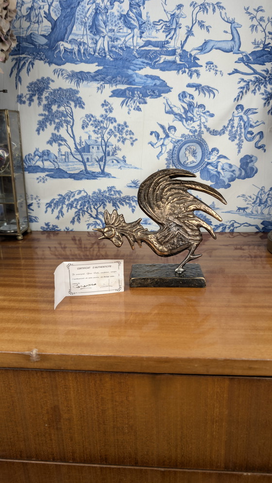 Image 1 of Yves LOHÉ "Cocorico" verguld bronzen haan sculptuur met certificaat, Vintage 1990