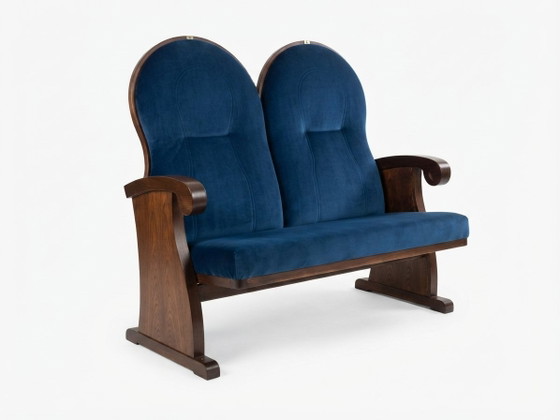 Loveseat vintage Art Déco con rivestimento blu, 1970 – Legno, Art Deco (photo 3 of 5)