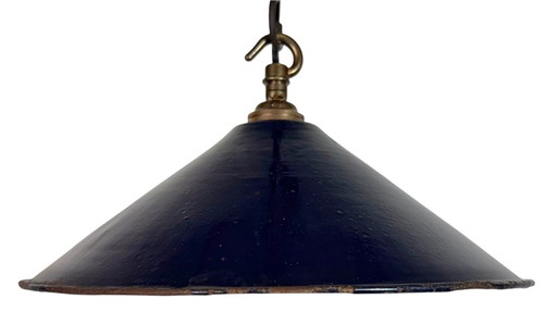 Lampada a sospensione industriale in smalto blu scuro, stile britannico, anni '50