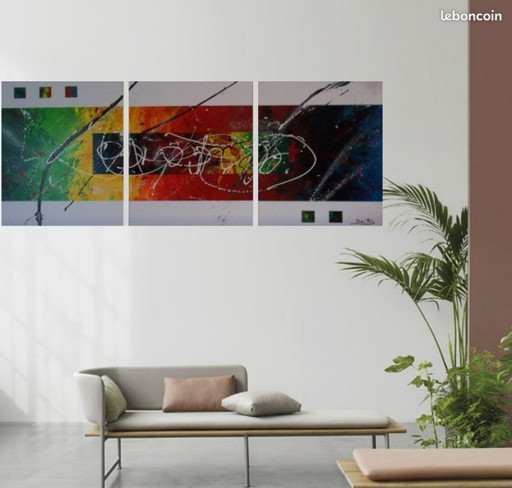 Triptyque contemporain signé 2Luss'Art – Peinture acrylique artisanale - Format 140 x 55