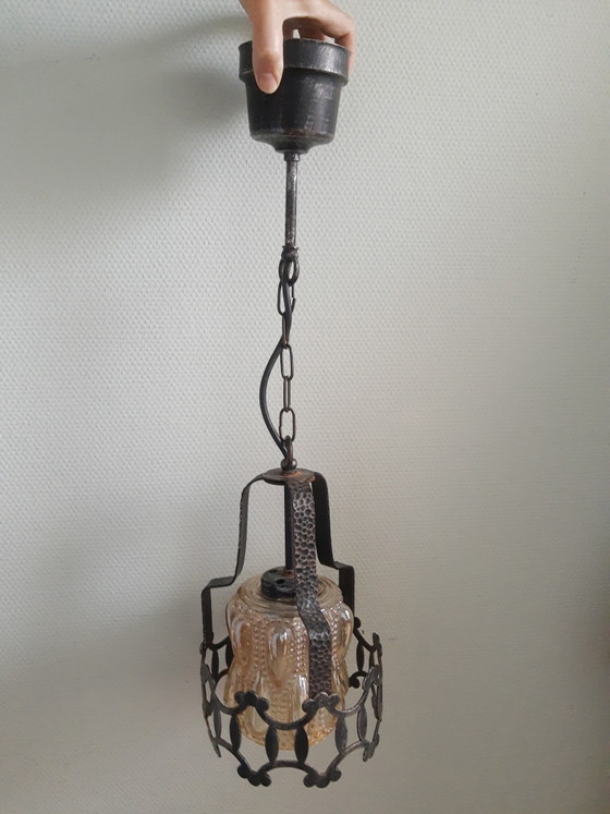 Image 1 of Amberkleurige Art-Deco Art-Nouveau Amsterdamse School pagode stijl hanglamp