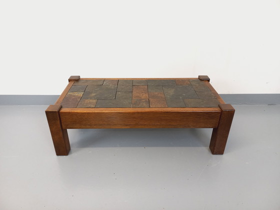 Image 1 of Table Basse Vintage Brutaliste en Chêne et Ardoise des Années 60-70