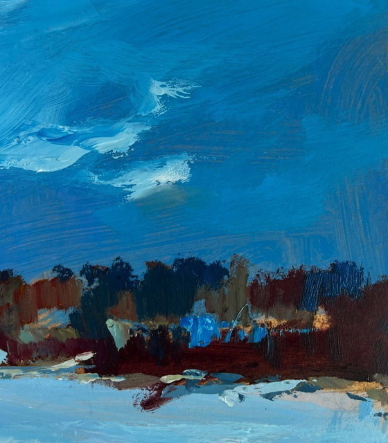 Image 1 of Original Oil Painting Snow Field Landscape Frozen winter river