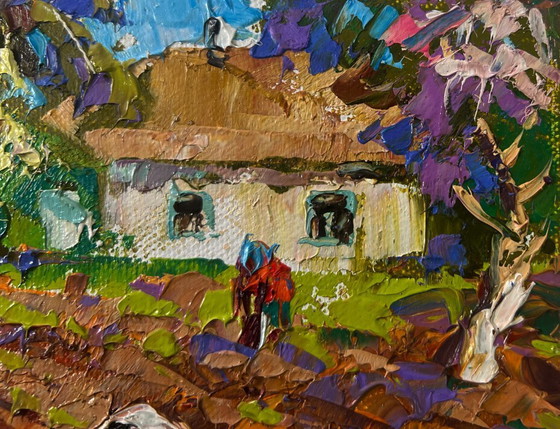 Image 1 of Original Oil Painting Day Village Landscape - "The Sky is Blue and the Spring"