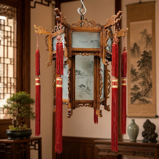 Lanterne/suspension chinoise vintage en bois avec panneaux de verre et scènes traditionnelles