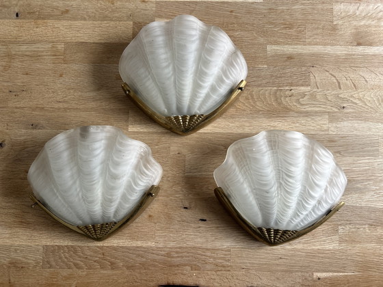 Image 1 of 3x Wandleuchte Schalen - Art Deco - Glas und Messing