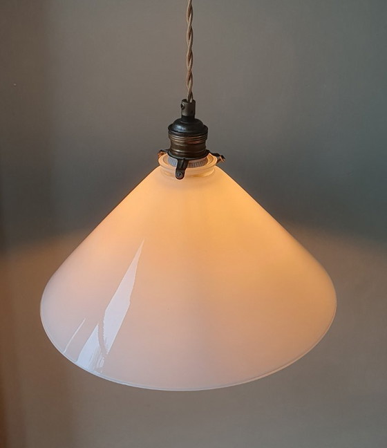 Image 1 of Set (2) Vintage pendant lamps in opaline / milk glass - banker's lamp or shoemaker's lamp